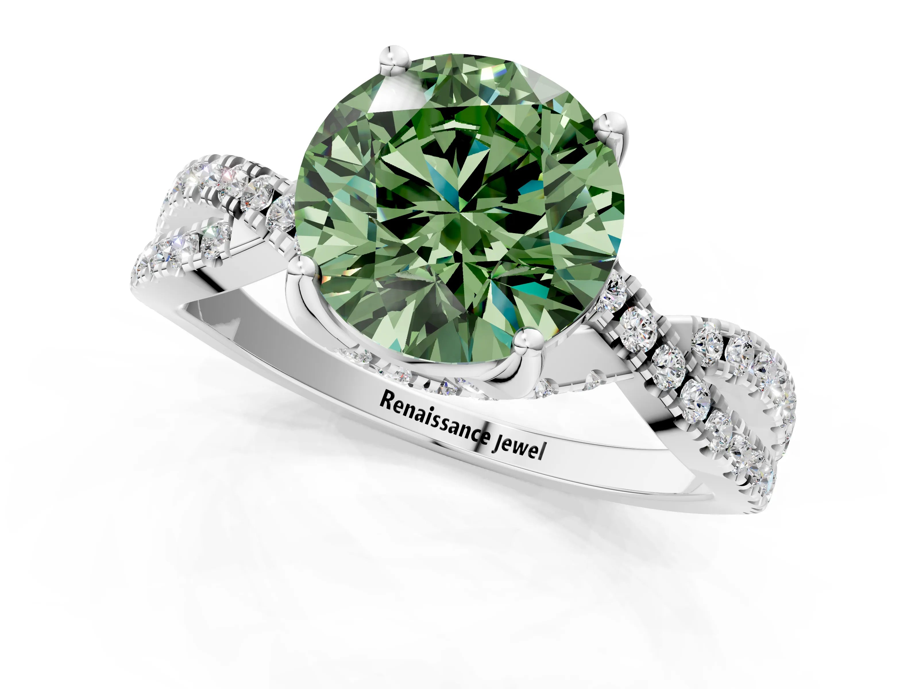 White gold Fancy Green Round Cut Solitaire Twist Pave Diamond Engagement Ring with Prong Setting_25
