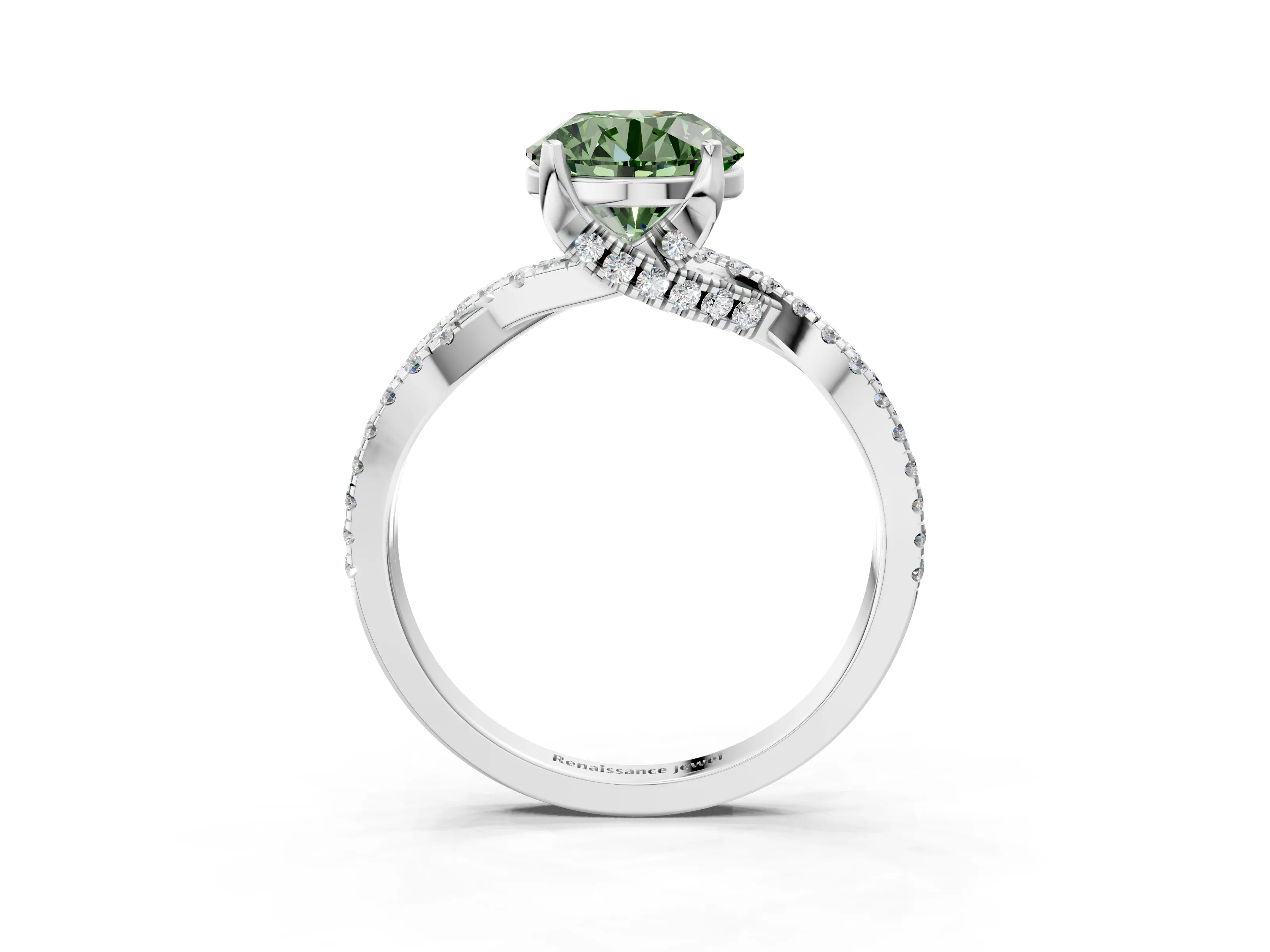 White gold Fancy Green Round Cut Solitaire Twist Pave Diamond Engagement Ring with Prong Setting_27
