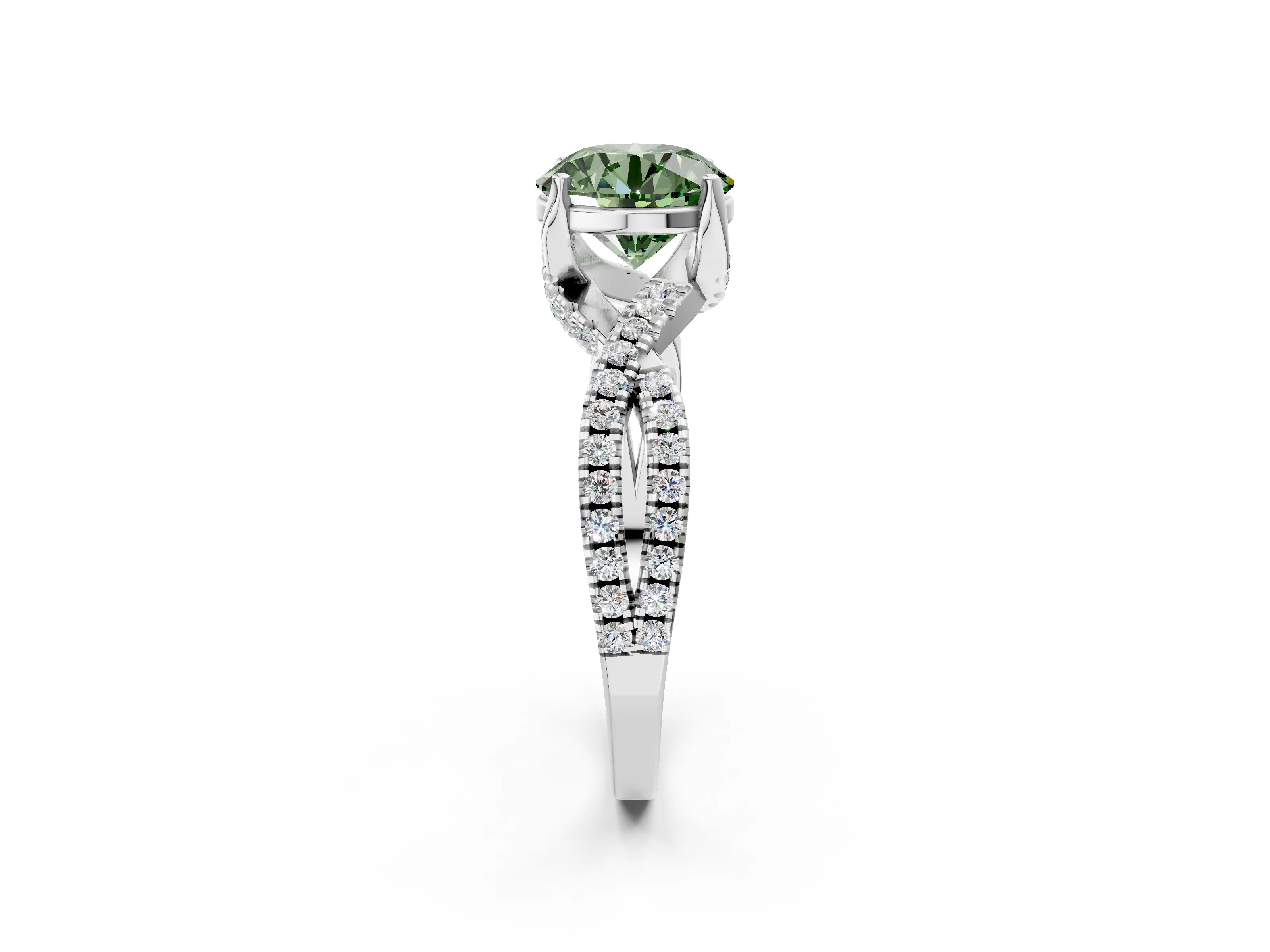 White gold Fancy Green Round Cut Solitaire Twist Pave Diamond Engagement Ring with Prong Setting_2
