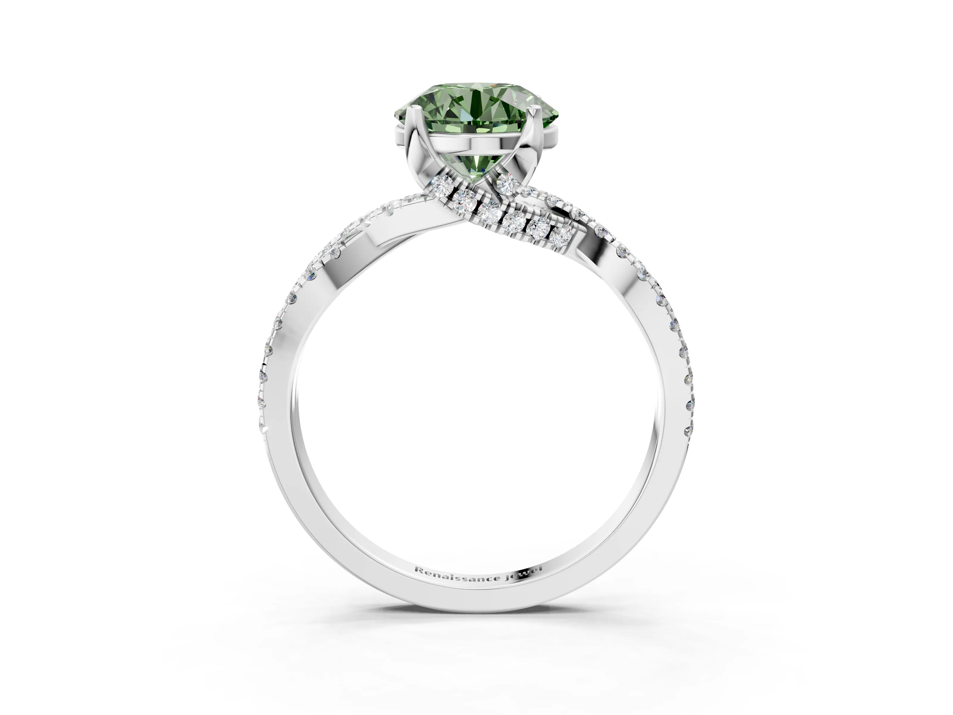 White gold Fancy Green Round Cut Solitaire Twist Pave Diamond Engagement Ring with Prong Setting_3