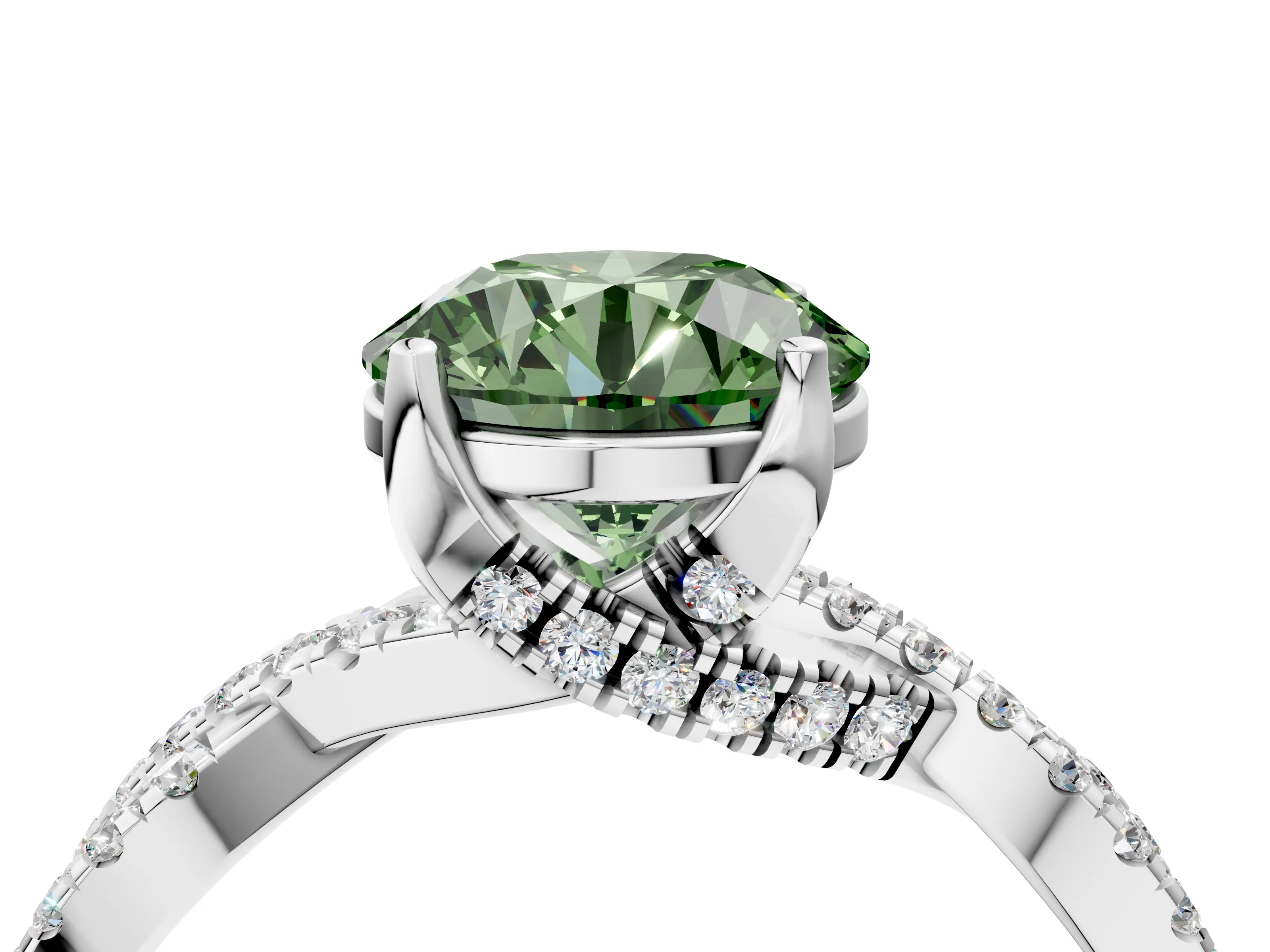White gold Fancy Green Round Cut Solitaire Twist Pave Diamond Engagement Ring with Prong Setting_4
