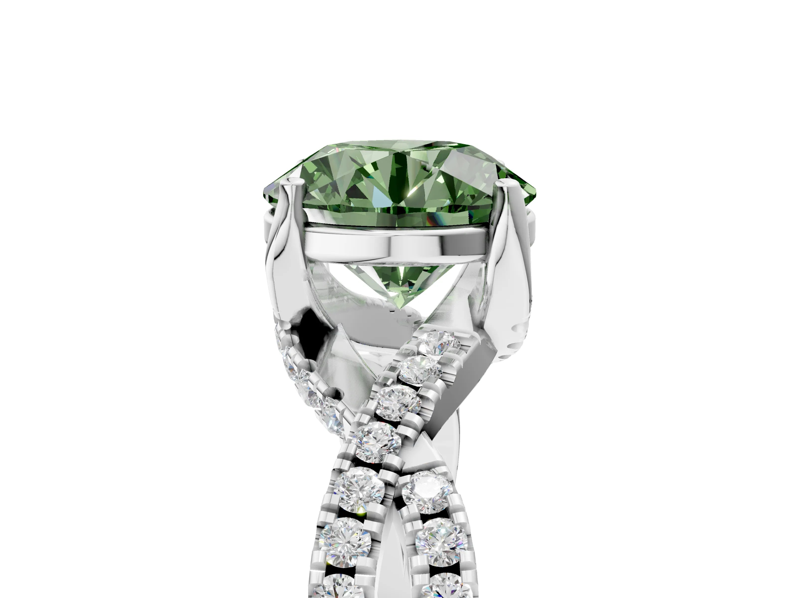 White gold Fancy Green Round Cut Solitaire Twist Pave Diamond Engagement Ring with Prong Setting_5