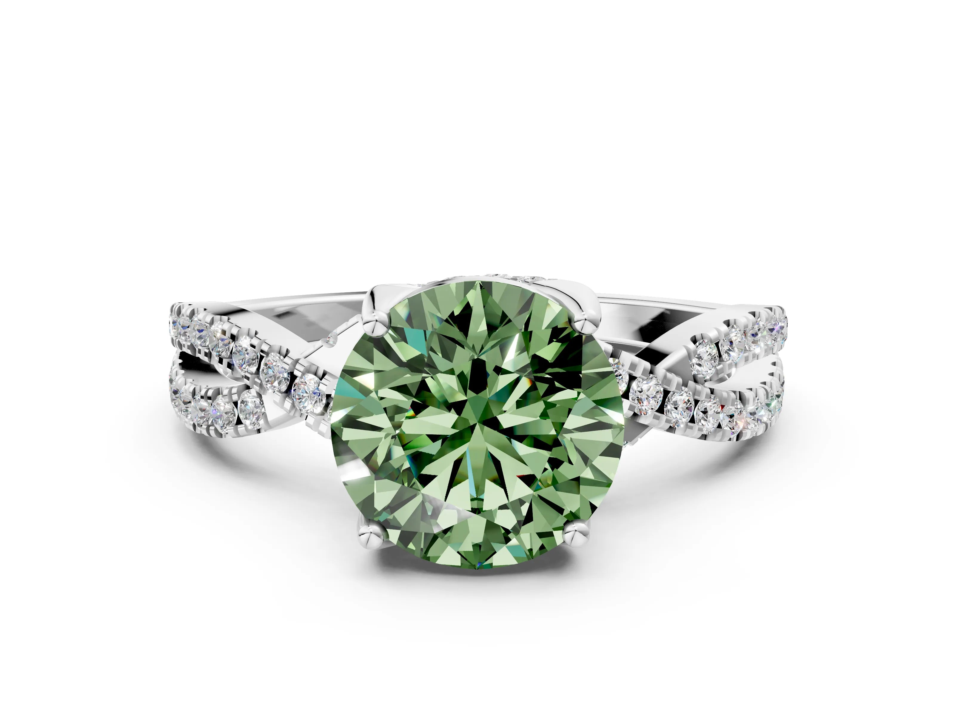 White gold Fancy Green Round Cut Solitaire Twist Pave Diamond Engagement Ring with Prong Setting