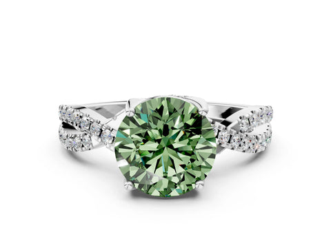 White gold Fancy Green Round Cut Solitaire Twist Pave Diamond Engagement Ring with Prong Setting