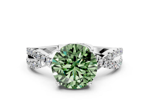 White gold Fancy Green Round Cut Solitaire Twist Pave Diamond Engagement Ring with Prong Setting