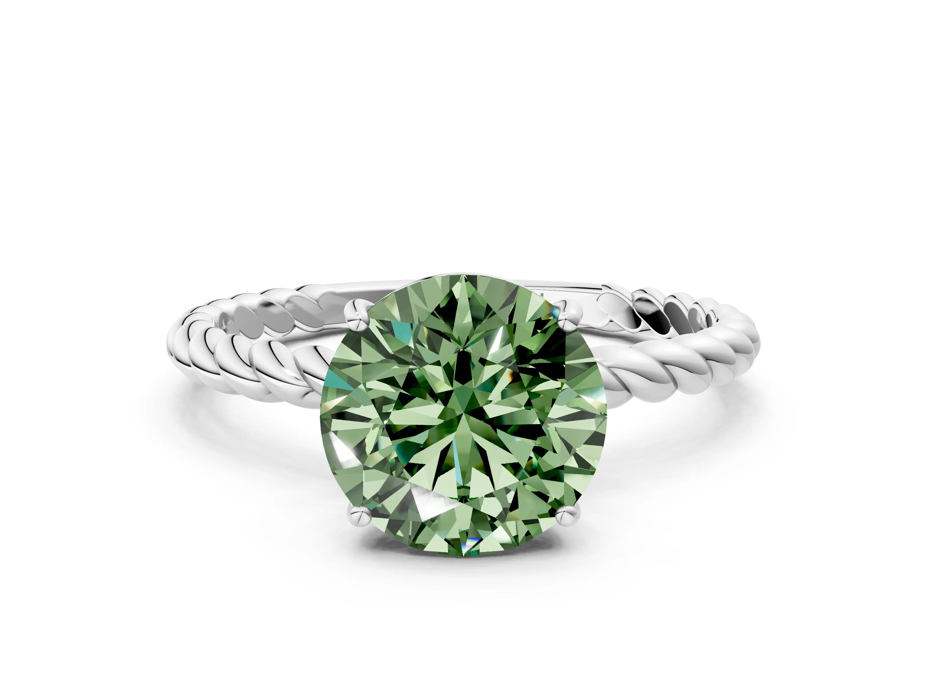 White gold Fancy Green Round Cut Solitaire Twisted Band 4-Prong Ring_24