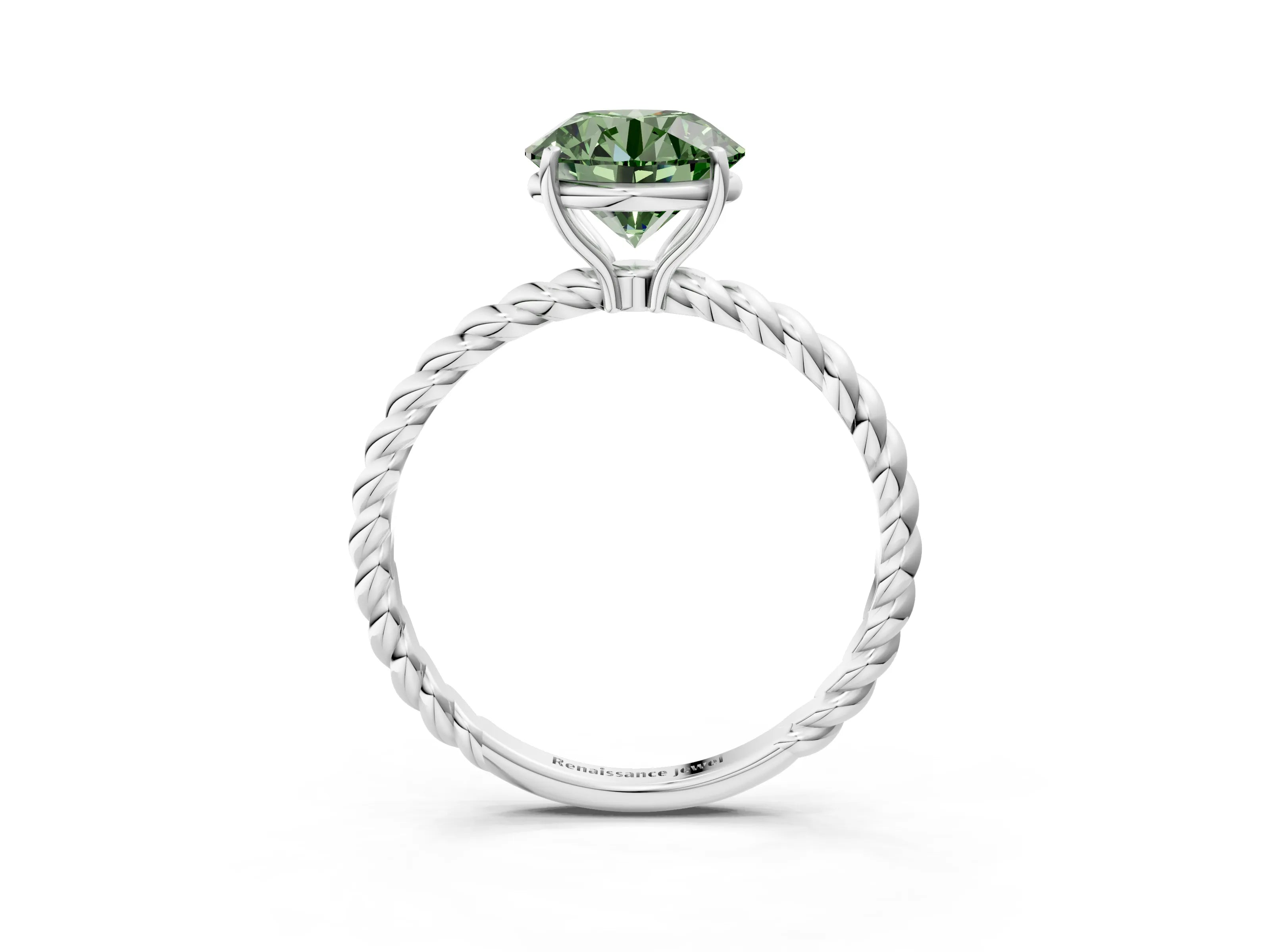 White gold Fancy Green Round Cut Solitaire Twisted Band 4-Prong Ring_27