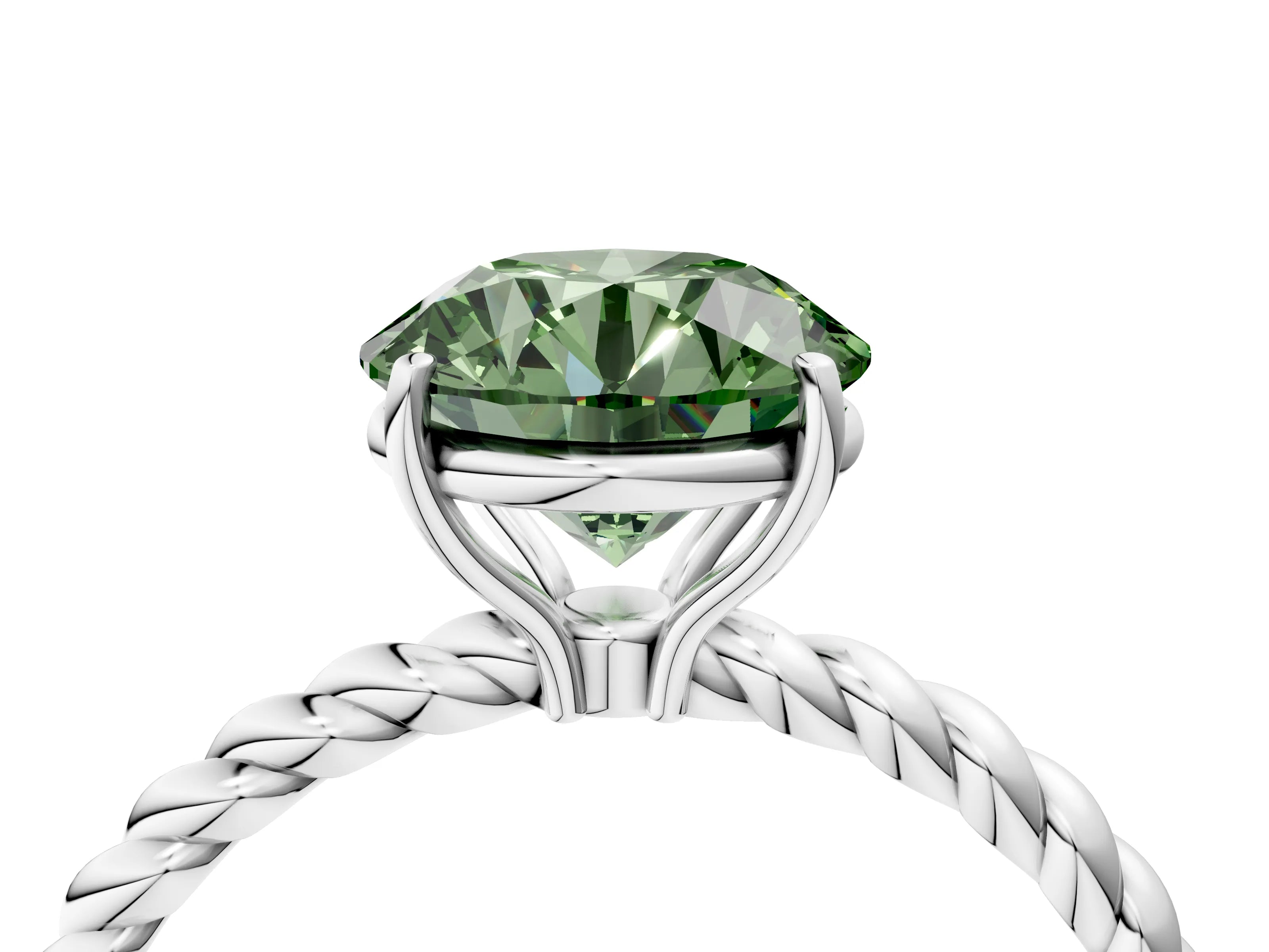 White gold Fancy Green Round Cut Solitaire Twisted Band 4-Prong Ring_28