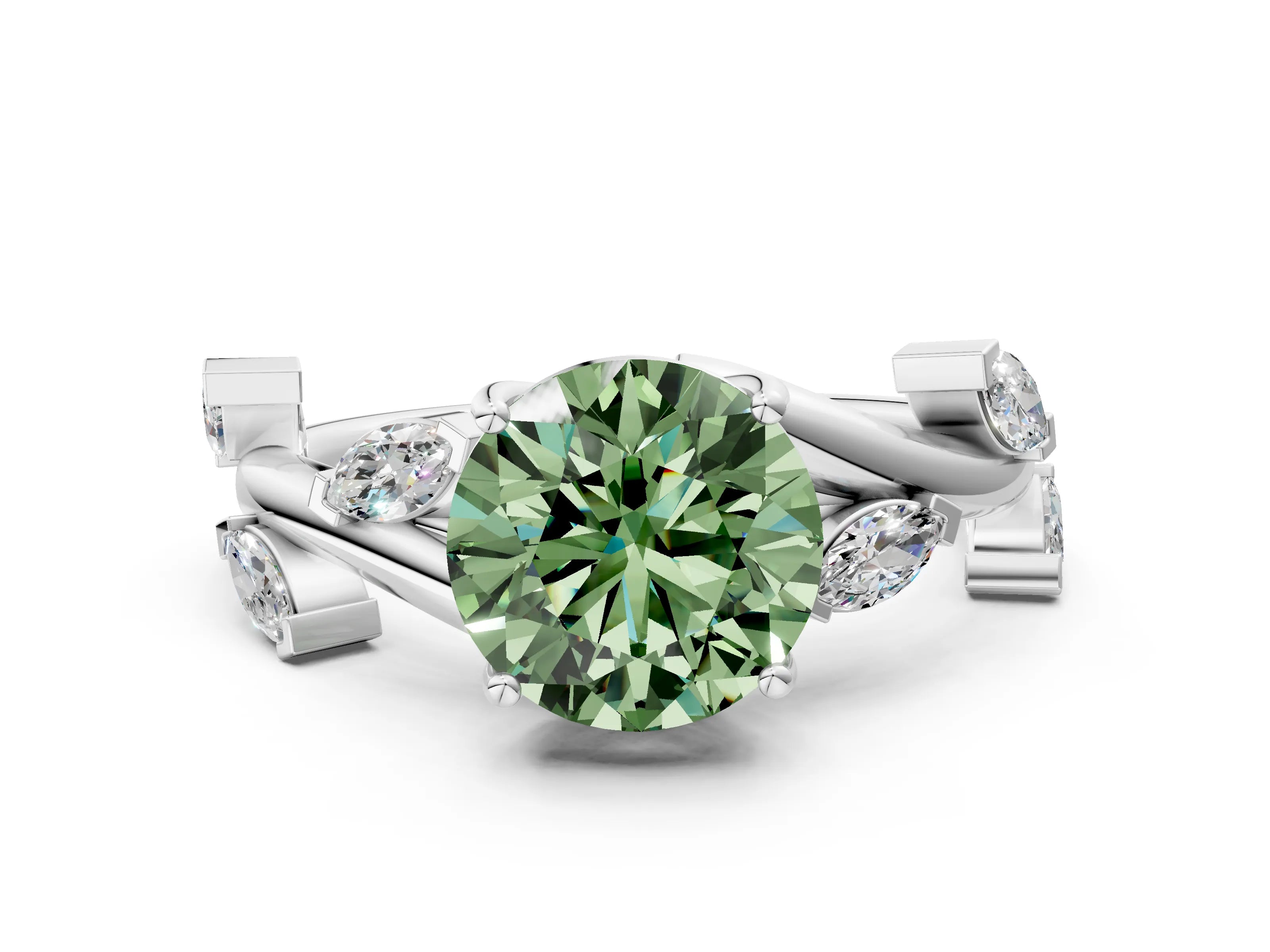 White gold Fancy Green Round Cut Solitaire Twisted Band Marquise Accent Prong Setting Ring