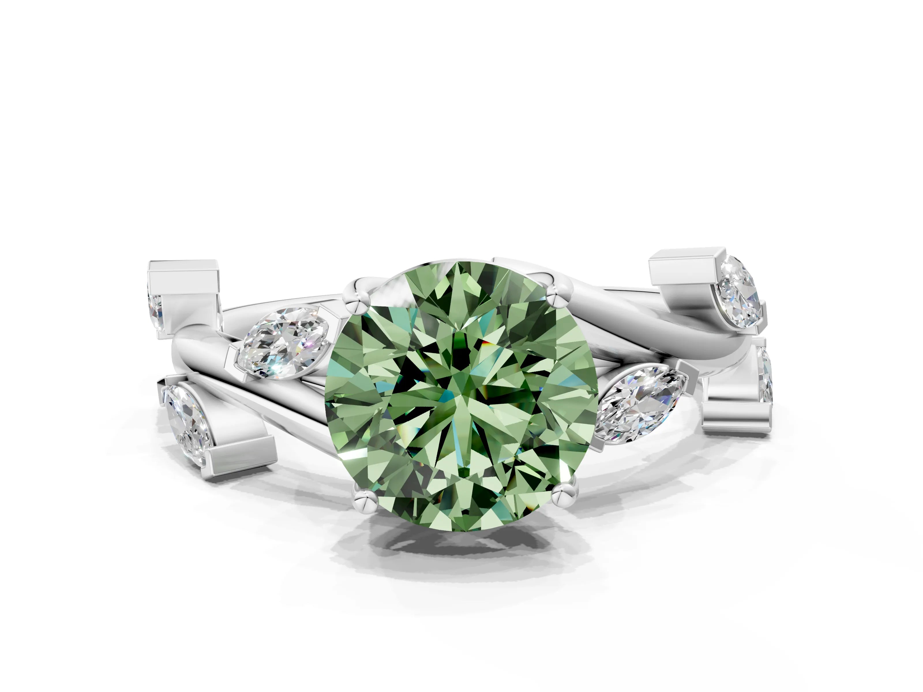 White gold Fancy Green Round Cut Solitaire Twisted Band Marquise Accent Prong Setting Ring_12