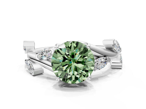 White gold Fancy Green Round Cut Solitaire Twisted Band Marquise Accent Prong Setting Ring_12