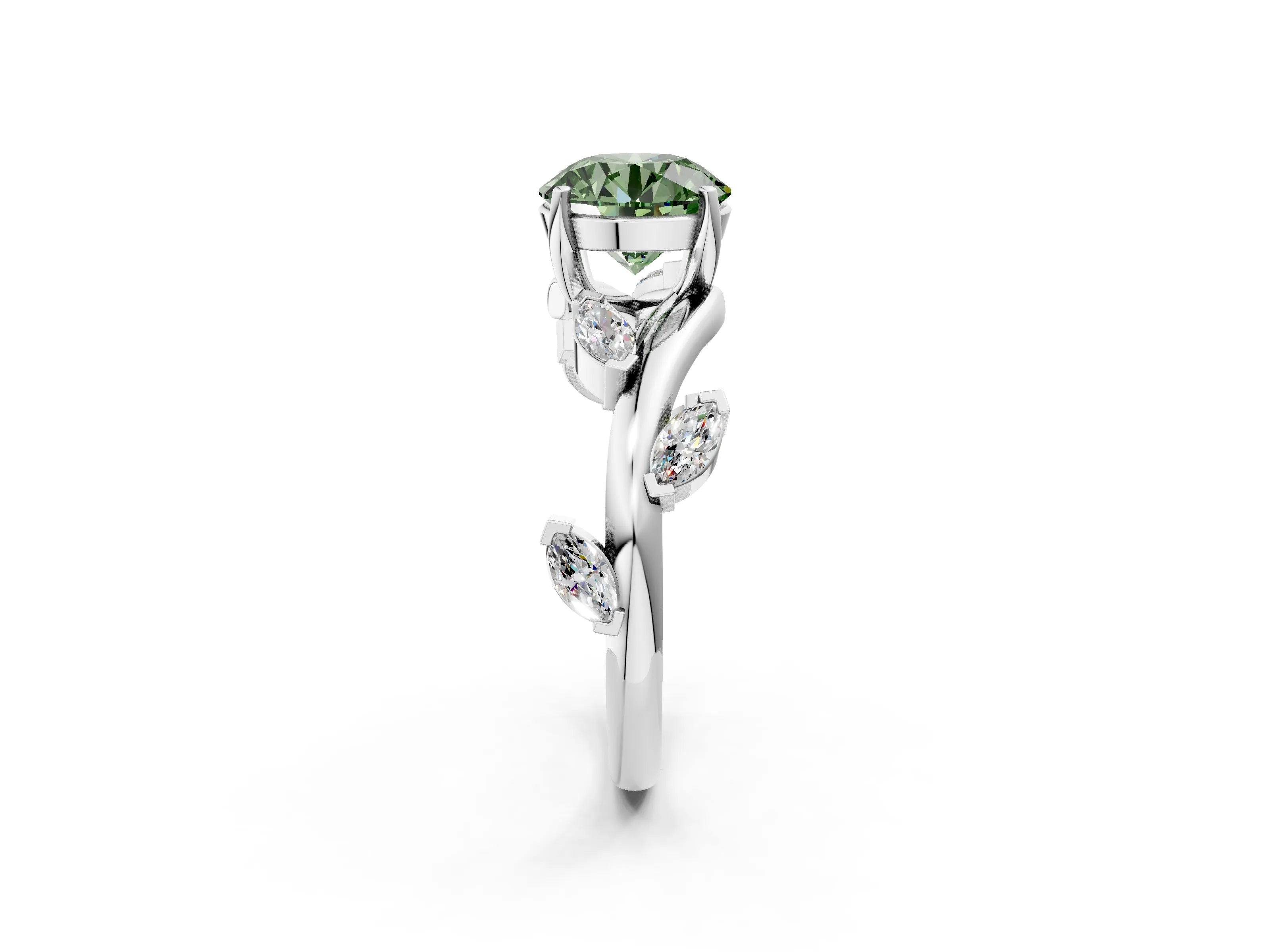 White gold Fancy Green Round Cut Solitaire Twisted Band Marquise Accent Prong Setting Ring_14
