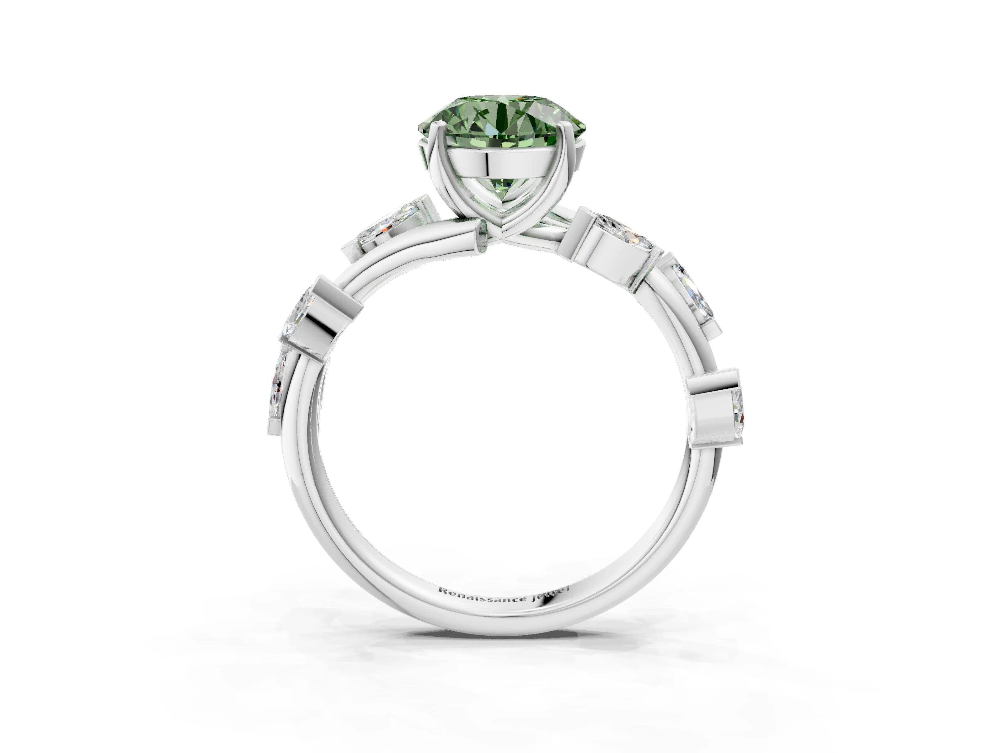 White gold Fancy Green Round Cut Solitaire Twisted Band Marquise Accent Prong Setting Ring_15