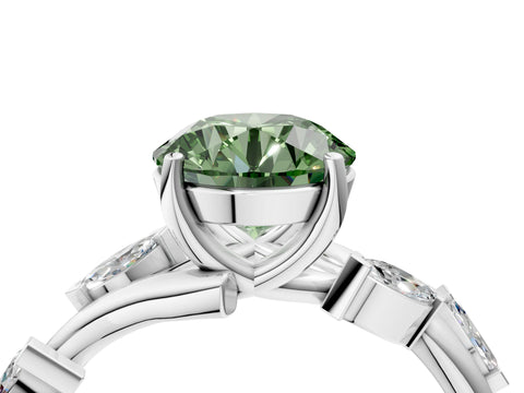 White gold Fancy Green Round Cut Solitaire Twisted Band Marquise Accent Prong Setting Ring_16