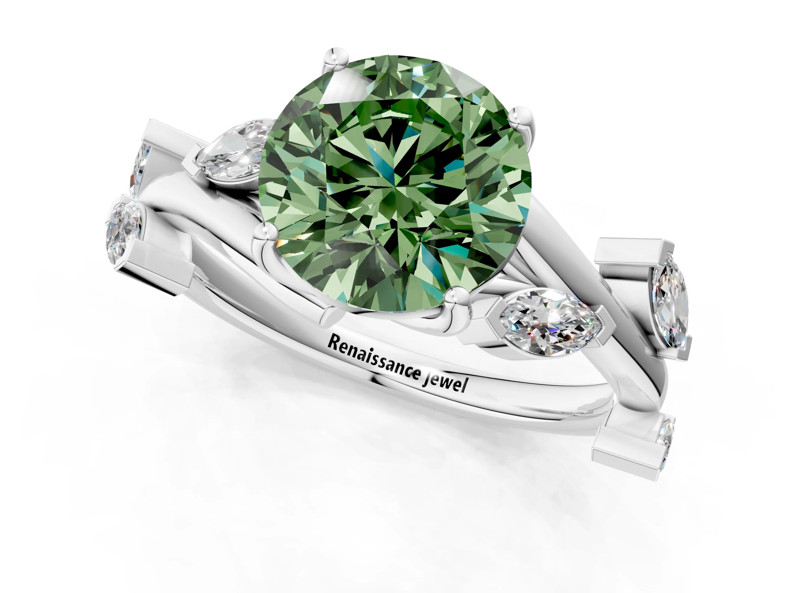 White gold Fancy Green Round Cut Solitaire Twisted Band Marquise Accent Prong Setting Ring_1