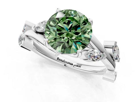 White gold Fancy Green Round Cut Solitaire Twisted Band Marquise Accent Prong Setting Ring_1