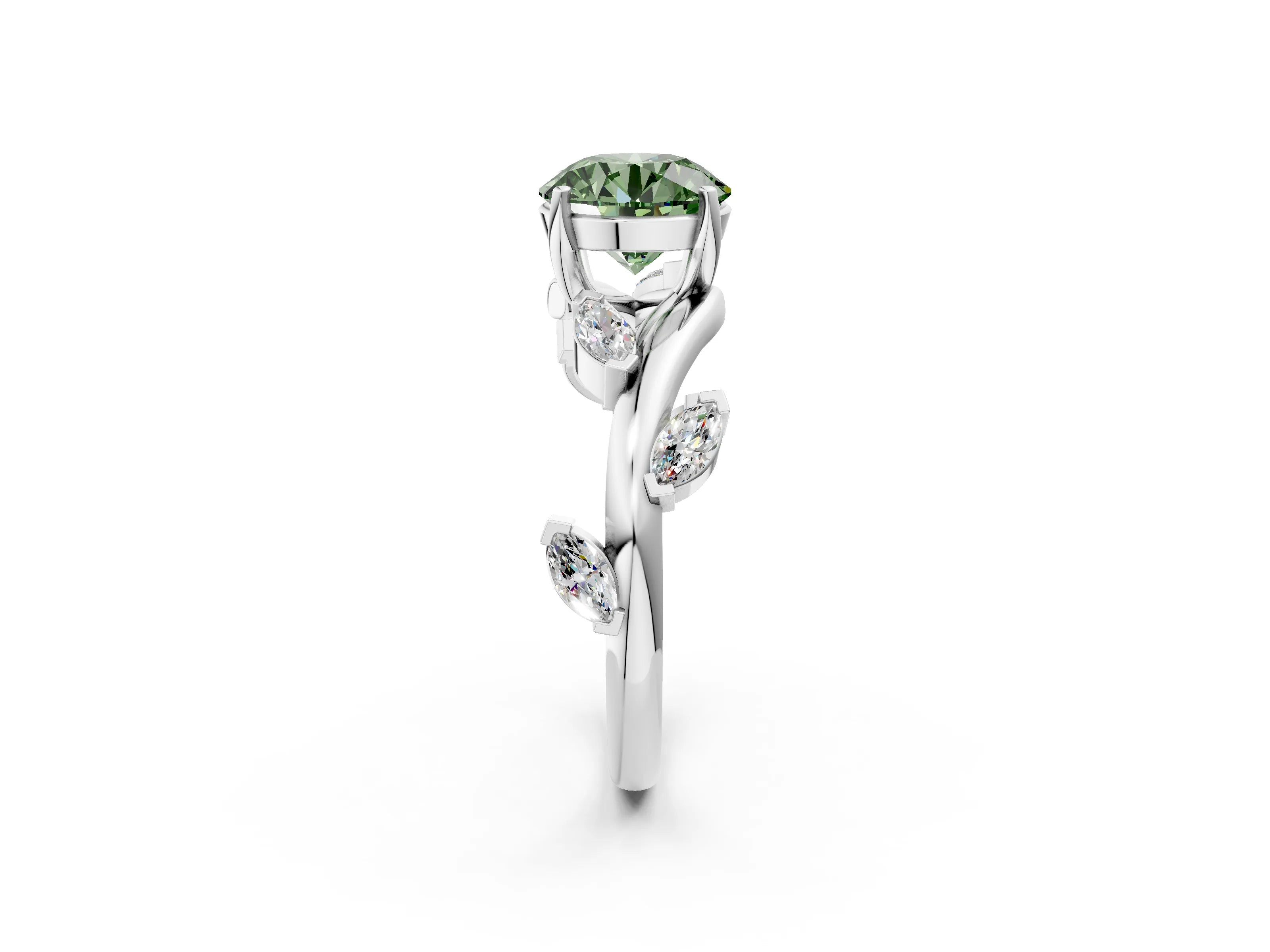 White gold Fancy Green Round Cut Solitaire Twisted Band Marquise Accent Prong Setting Ring_2