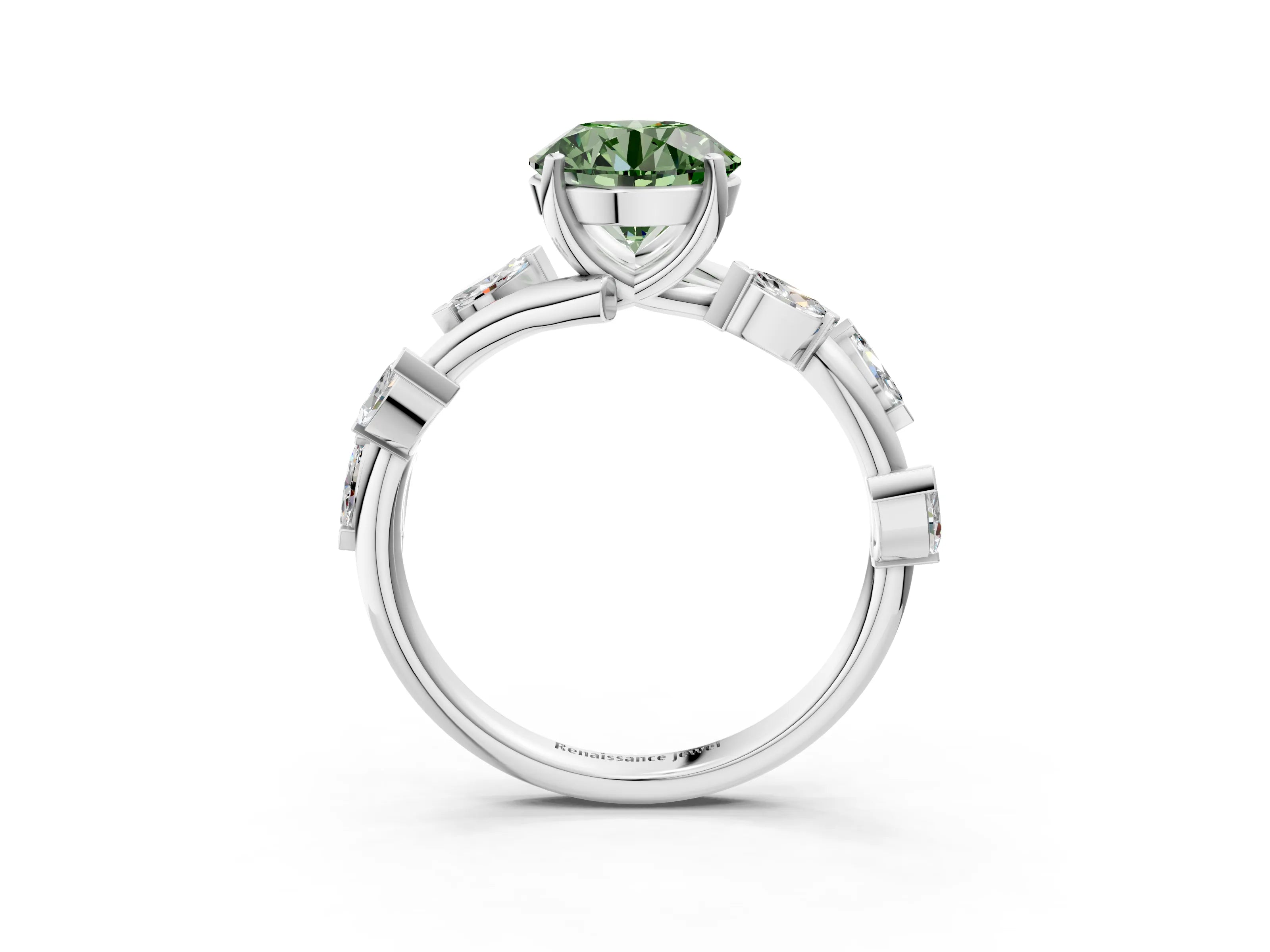 White gold Fancy Green Round Cut Solitaire Twisted Band Marquise Accent Prong Setting Ring_3