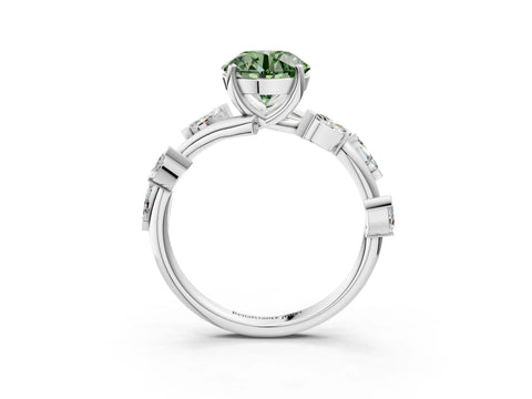 White gold Fancy Green Round Cut Solitaire Twisted Band Marquise Accent Prong Setting Ring_3
