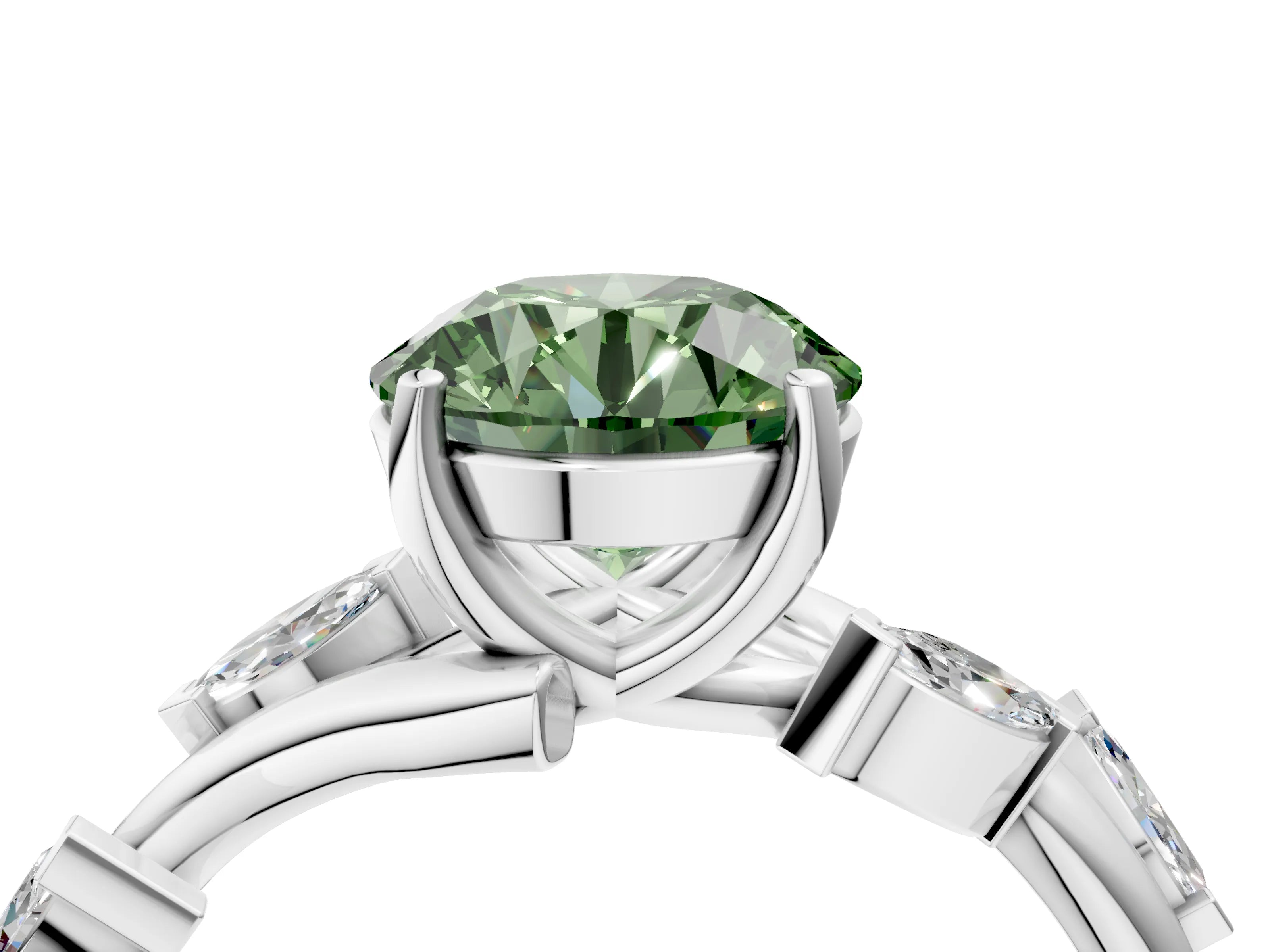 White gold Fancy Green Round Cut Solitaire Twisted Band Marquise Accent Prong Setting Ring_4