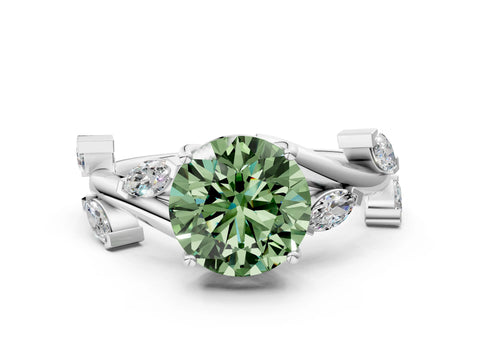 White gold Fancy Green Round Cut Solitaire Twisted Band Marquise Accent Prong Setting Ring