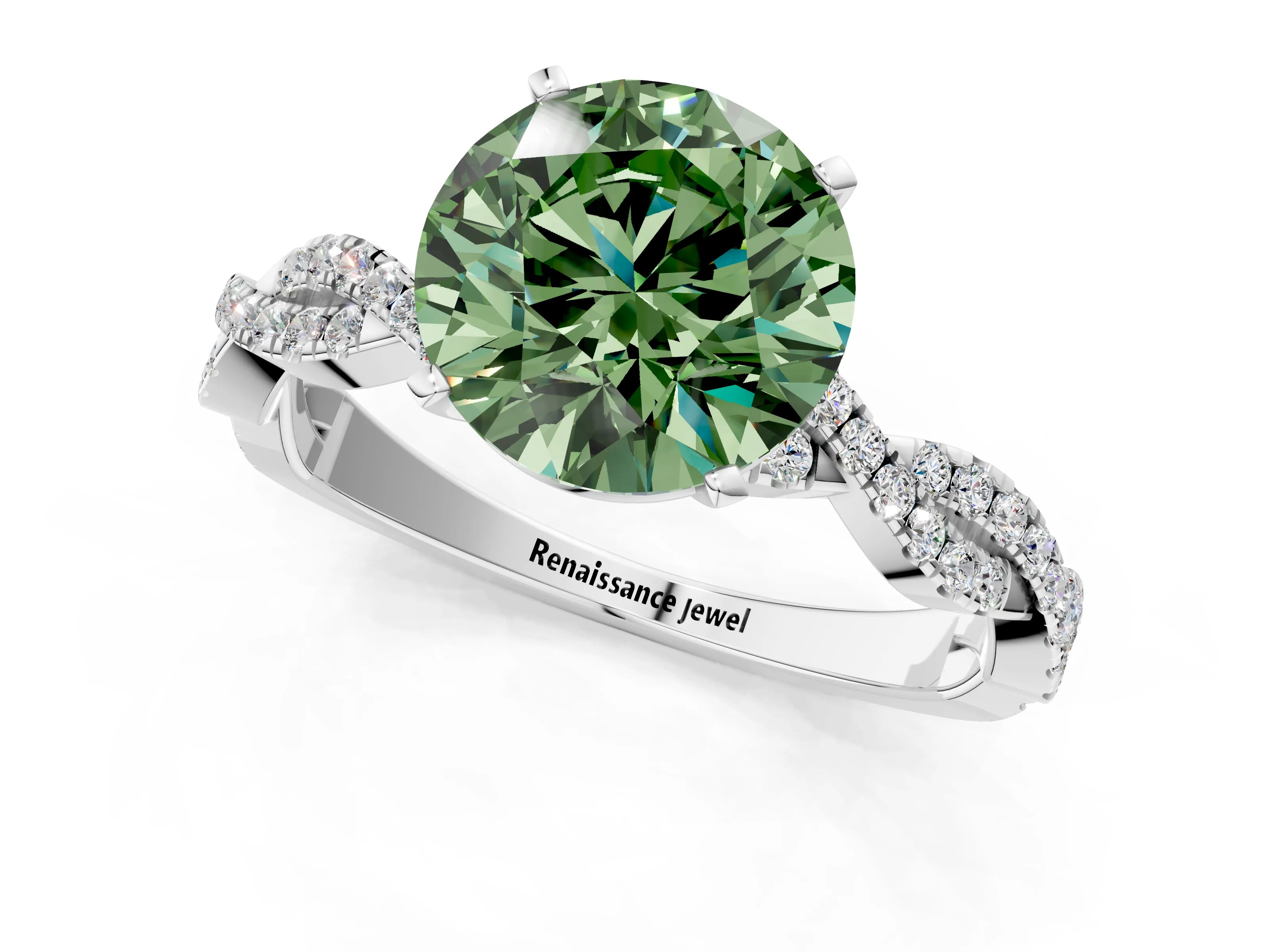 White gold Fancy Green Round Cut Solitaire Twisted Pave Band with Four-Prong Setting_16