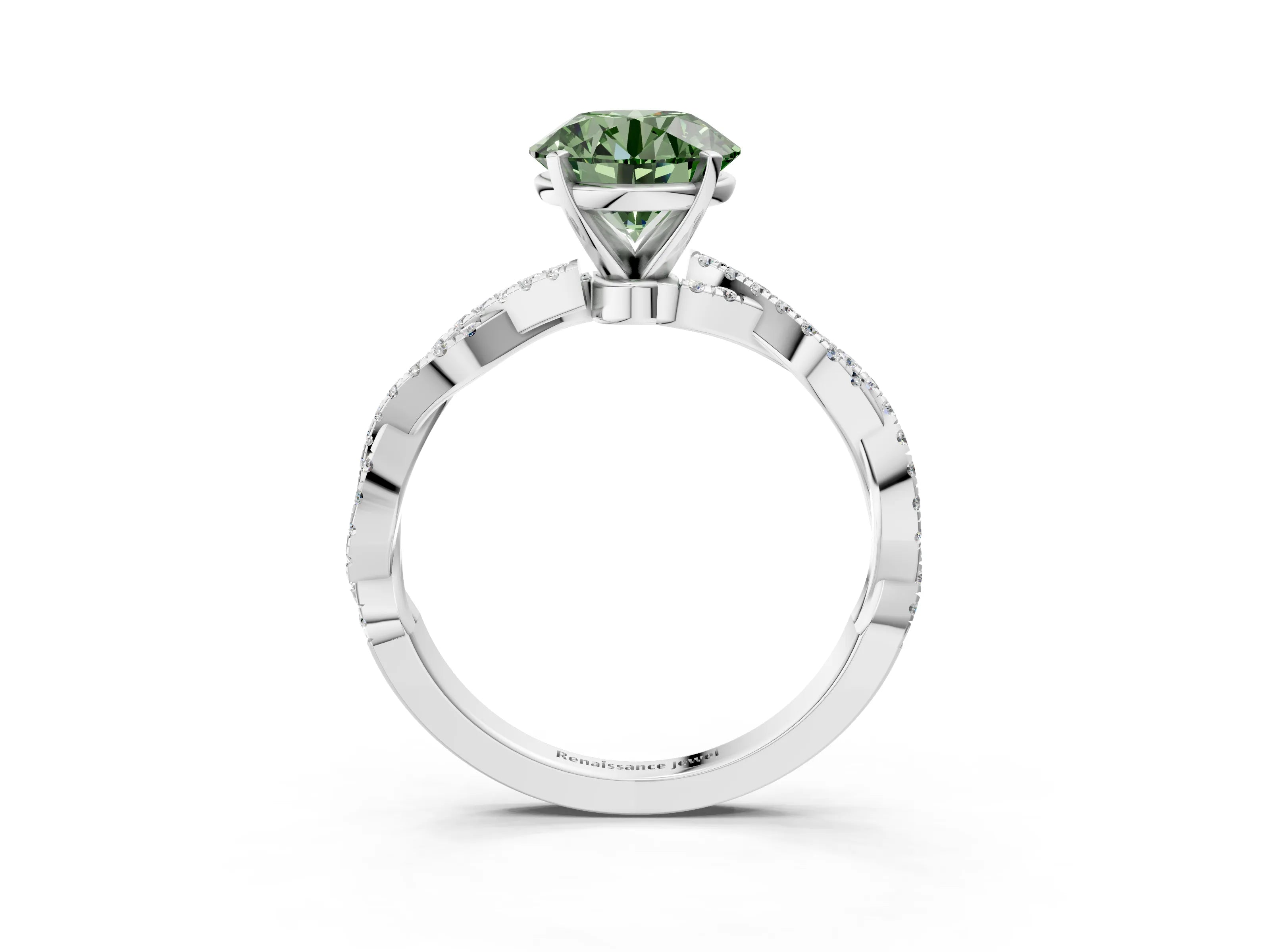 White gold Fancy Green Round Cut Solitaire Twisted Pave Band with Four-Prong Setting_18