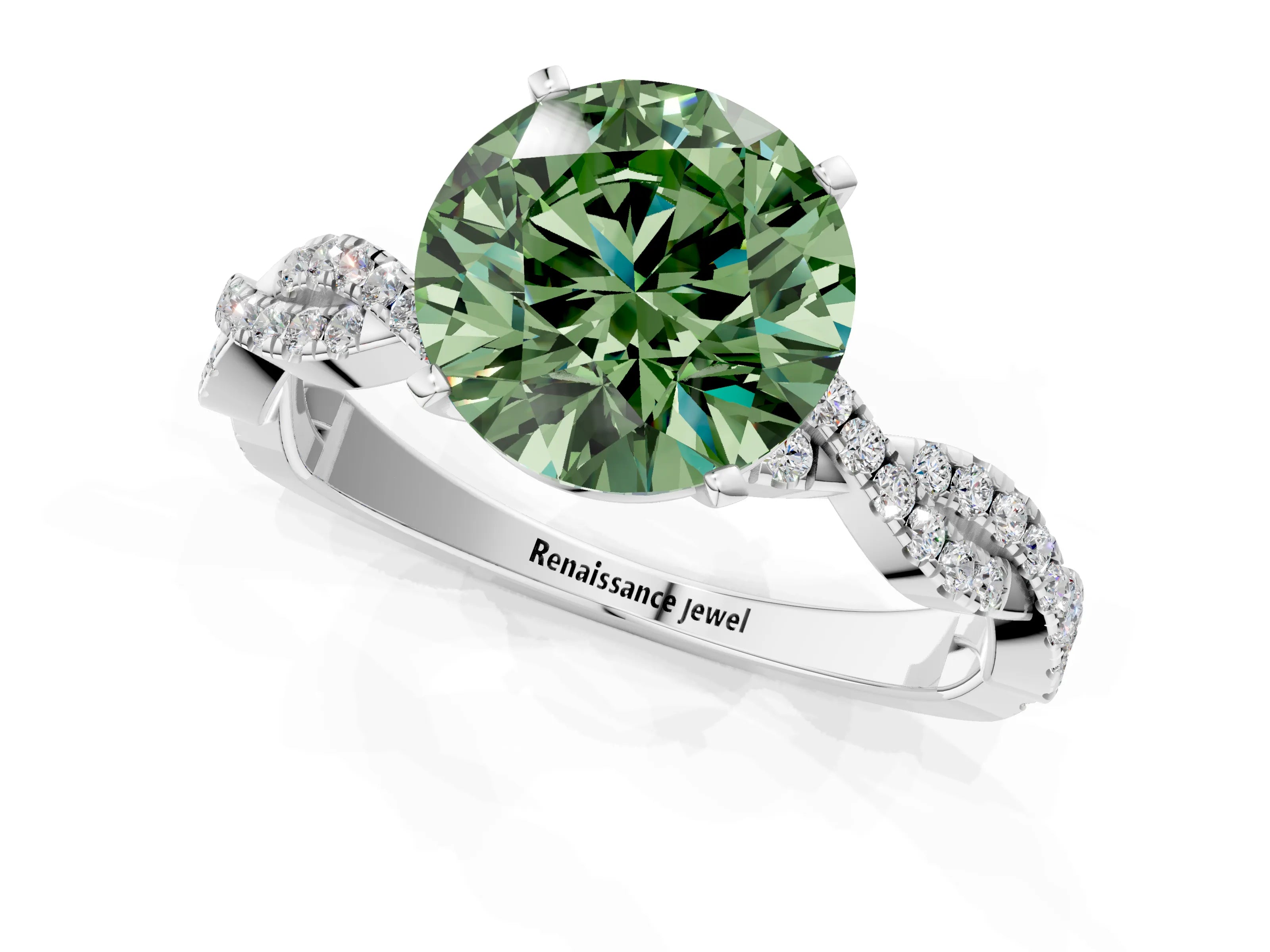 White gold Fancy Green Round Cut Solitaire Twisted Pave Band with Four-Prong Setting_4