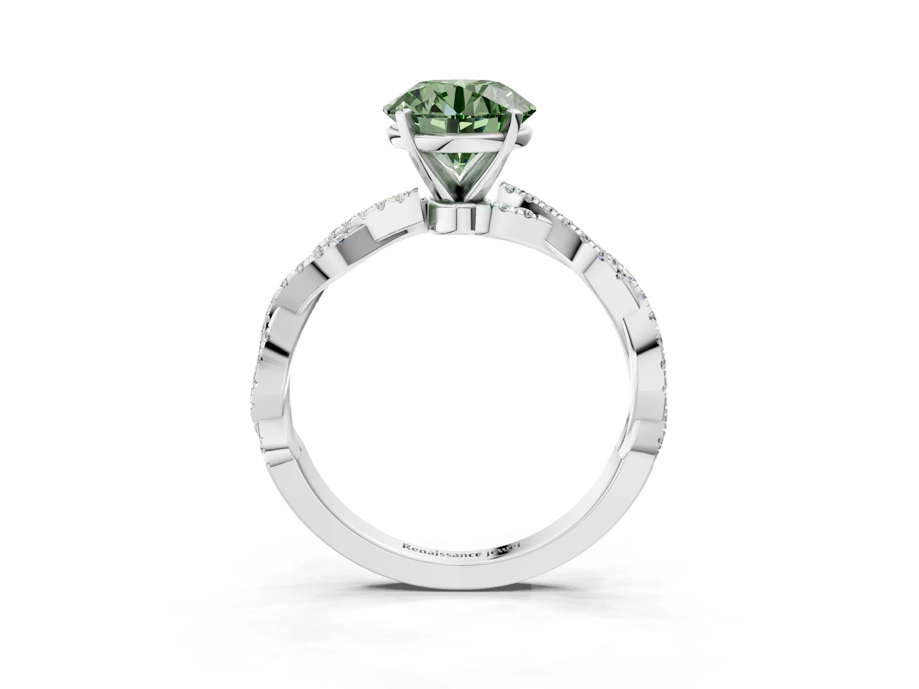 White gold Fancy Green Round Cut Solitaire Twisted Pave Band with Four-Prong Setting_6