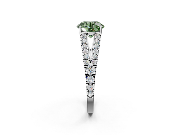 White gold Fancy Green Round  Cut Split Shank Pave Diamond Engagement Ring with Four-Prong Setting