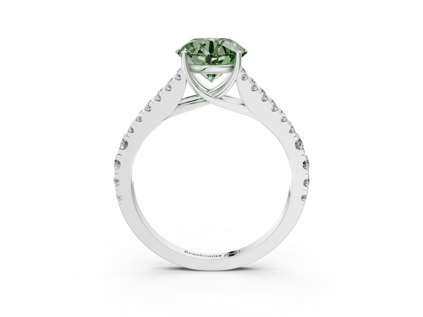 White gold Fancy Green Round  Cut Split Shank Pave Diamond Engagement Ring with Four-Prong Setting