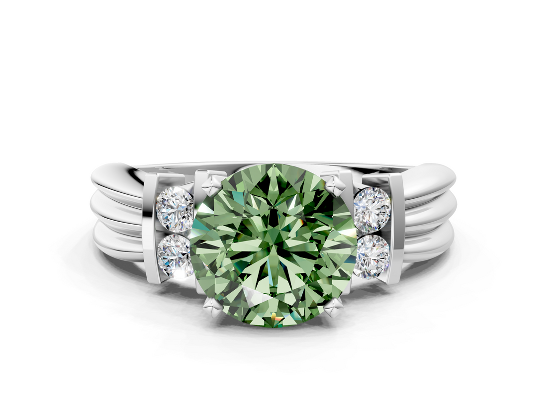 White gold Fancy Green Round  Cut Three-Stone Channel Set Ring with Bar Prongs_41