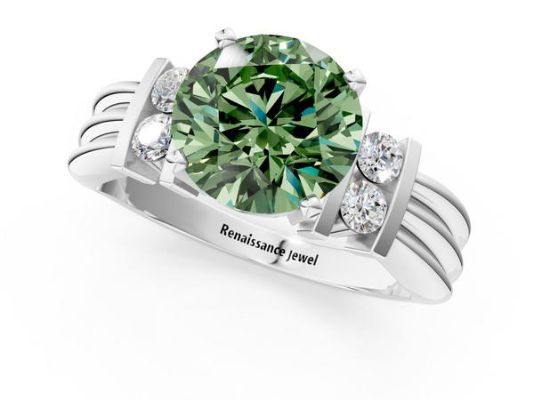 White gold Fancy Green Round  Cut Three-Stone Channel Set Ring with Bar Prongs