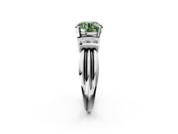 White gold Fancy Green Round  Cut Three-Stone Channel Set Ring with Bar Prongs