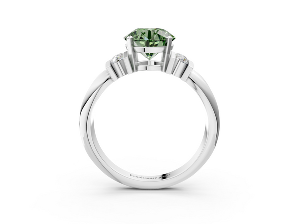 White gold Fancy Green Round  Cut Three-Stone Channel Set Ring with Bar Prongs