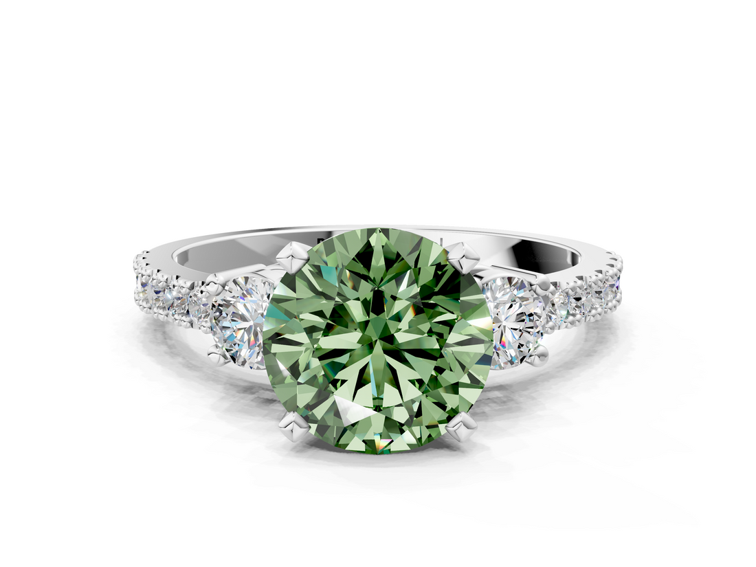 White gold Fancy Green Round  Cut Three-Stone Diamond Pavé Band with Prong Setting_17
