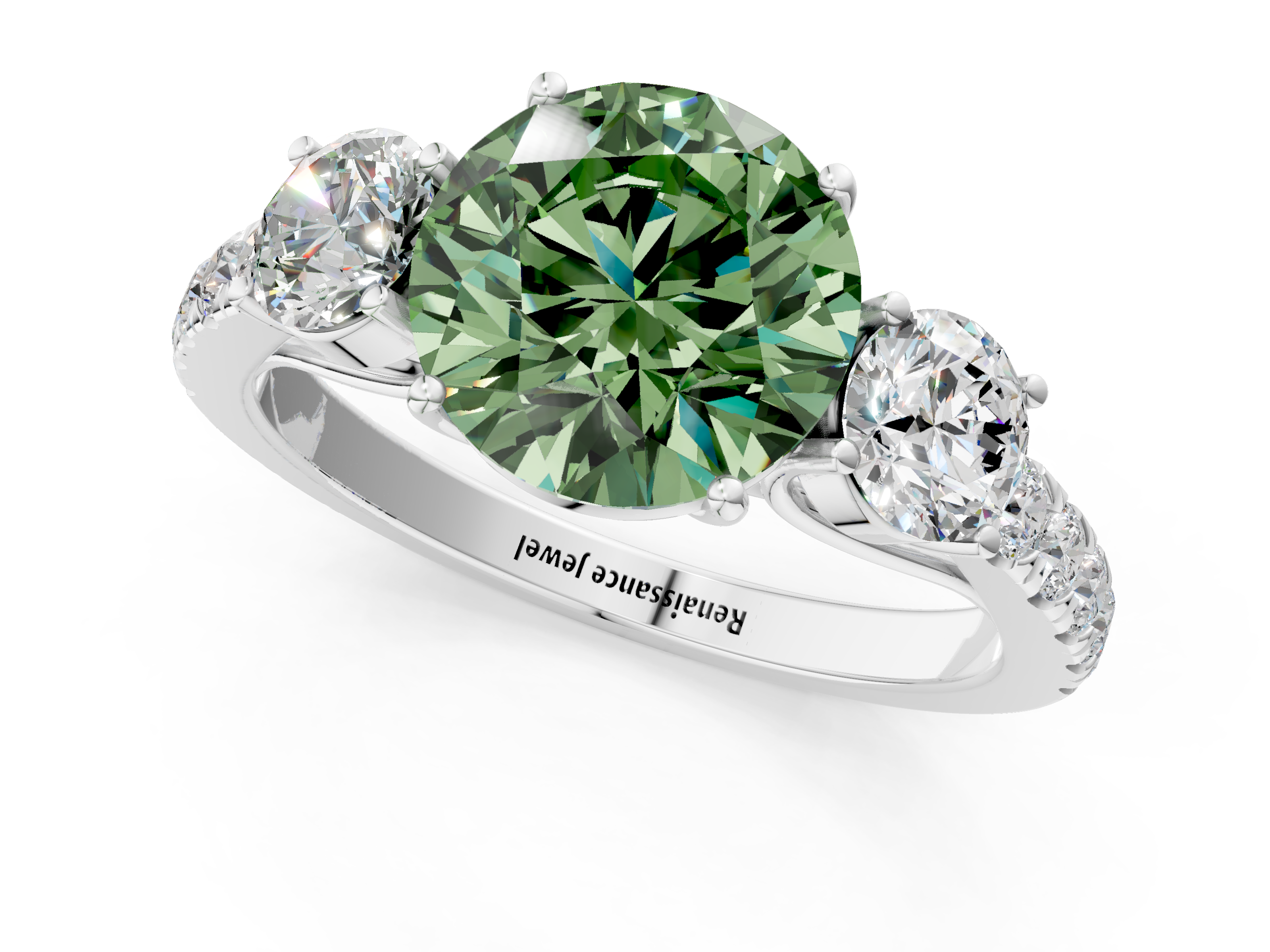 White gold Fancy Green Round  Cut Three-Stone Diamond Pave Band with Prong Setting_38