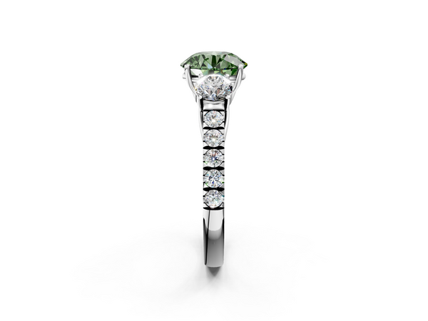 Platinum Fancy Green Round  Cut Diamond Three-Stone Ring with Round Side Stones and Pavé Band