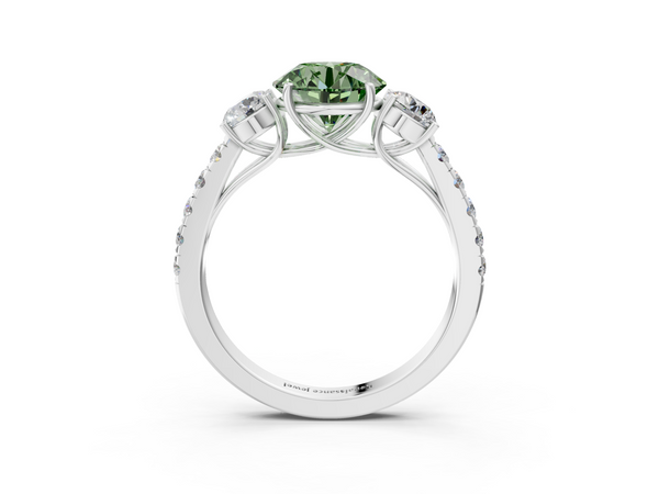 Platinum Fancy Green Round  Cut Diamond Three-Stone Ring with Round Side Stones and Pavé Band