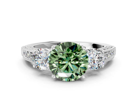 White gold Fancy Green Round Cut Three-Stone Diamond Ring with Pavé Band and Four-Prong Setting_12