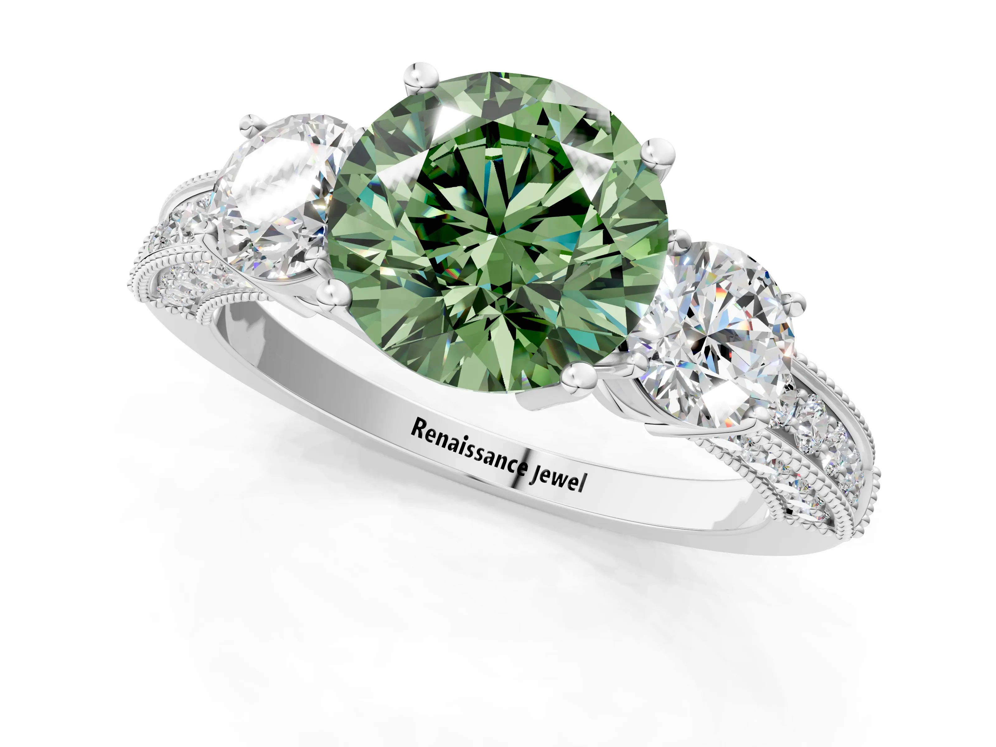 White gold Fancy Green Round Cut Three-Stone Diamond Ring with Pavé Band and Four-Prong Setting_13