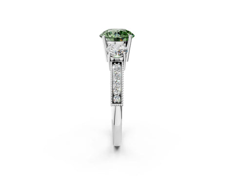 White gold Fancy Green Round Cut Three-Stone Diamond Ring with Pavé Band and Four-Prong Setting_14