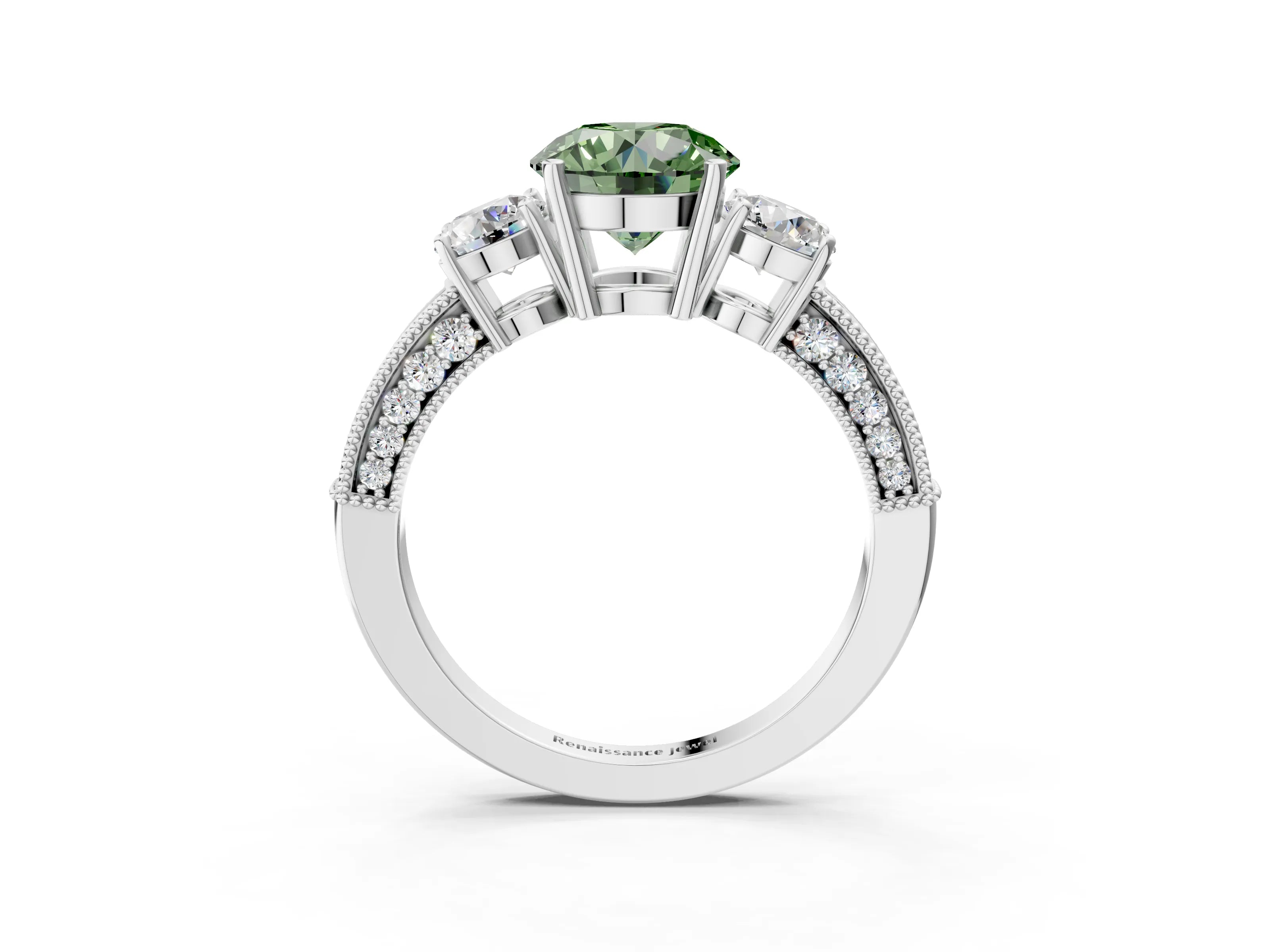 White gold Fancy Green Round Cut Three-Stone Diamond Ring with Pavé Band and Four-Prong Setting_15