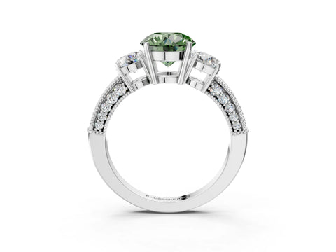 White gold Fancy Green Round Cut Three-Stone Diamond Ring with Pavé Band and Four-Prong Setting_15