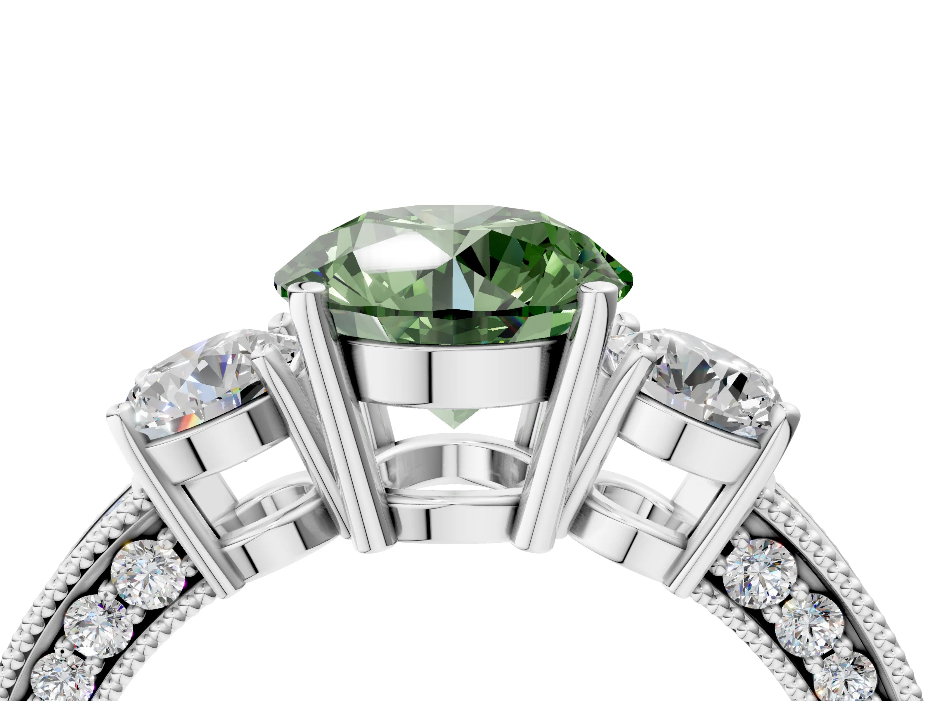 White gold Fancy Green Round Cut Three-Stone Diamond Ring with Pavé Band and Four-Prong Setting_16
