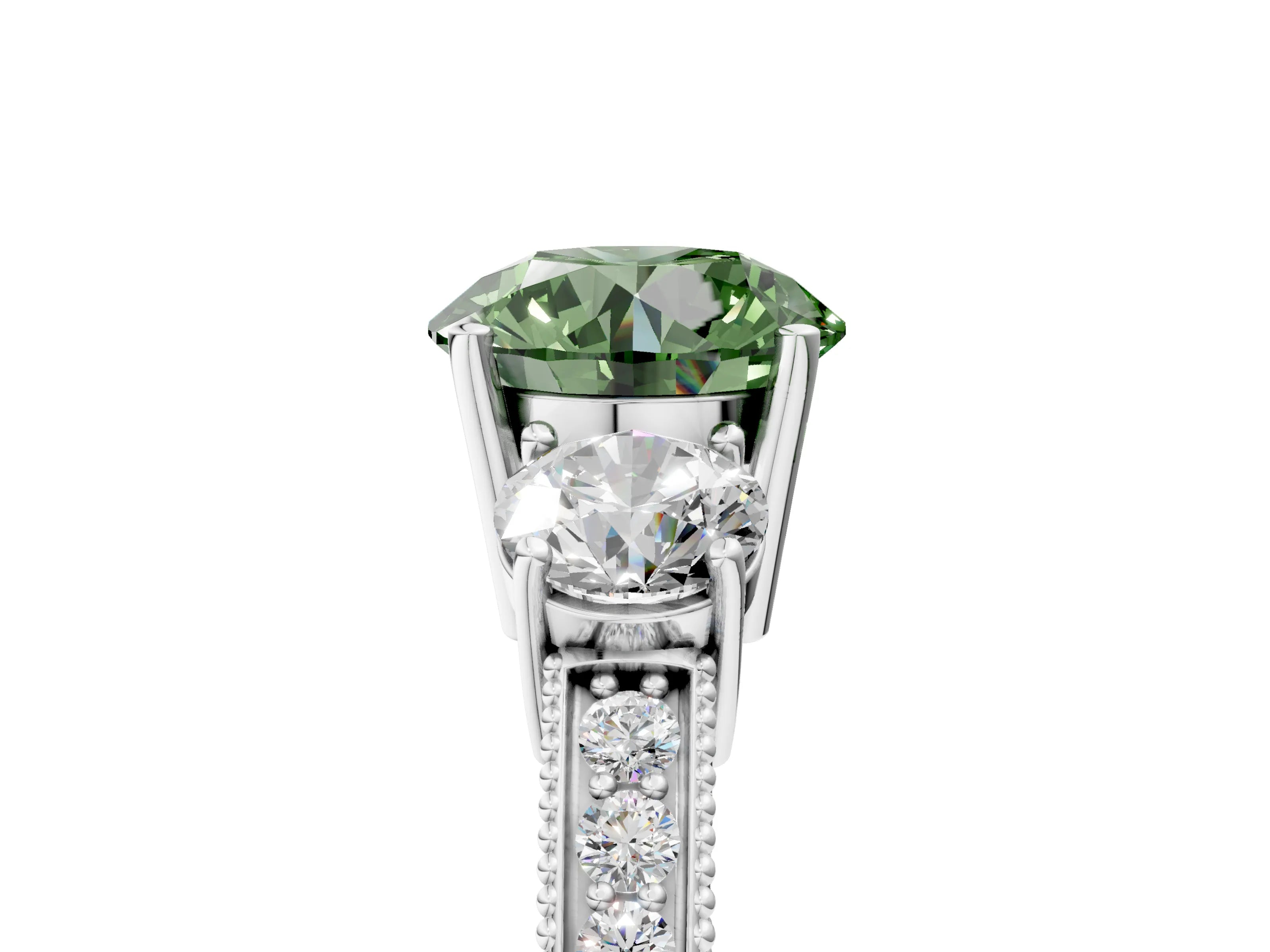 White gold Fancy Green Round Cut Three-Stone Diamond Ring with Pavé Band and Four-Prong Setting_17