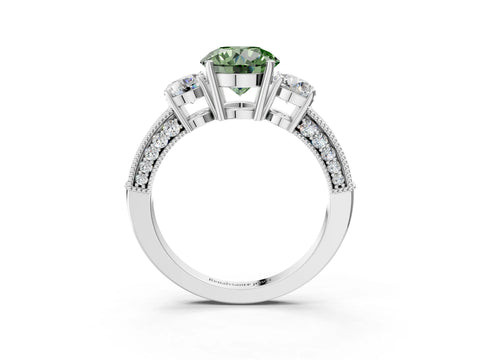 White gold Fancy Green Round Cut Three-Stone Diamond Ring with Pavé Band and Four-Prong Setting_3