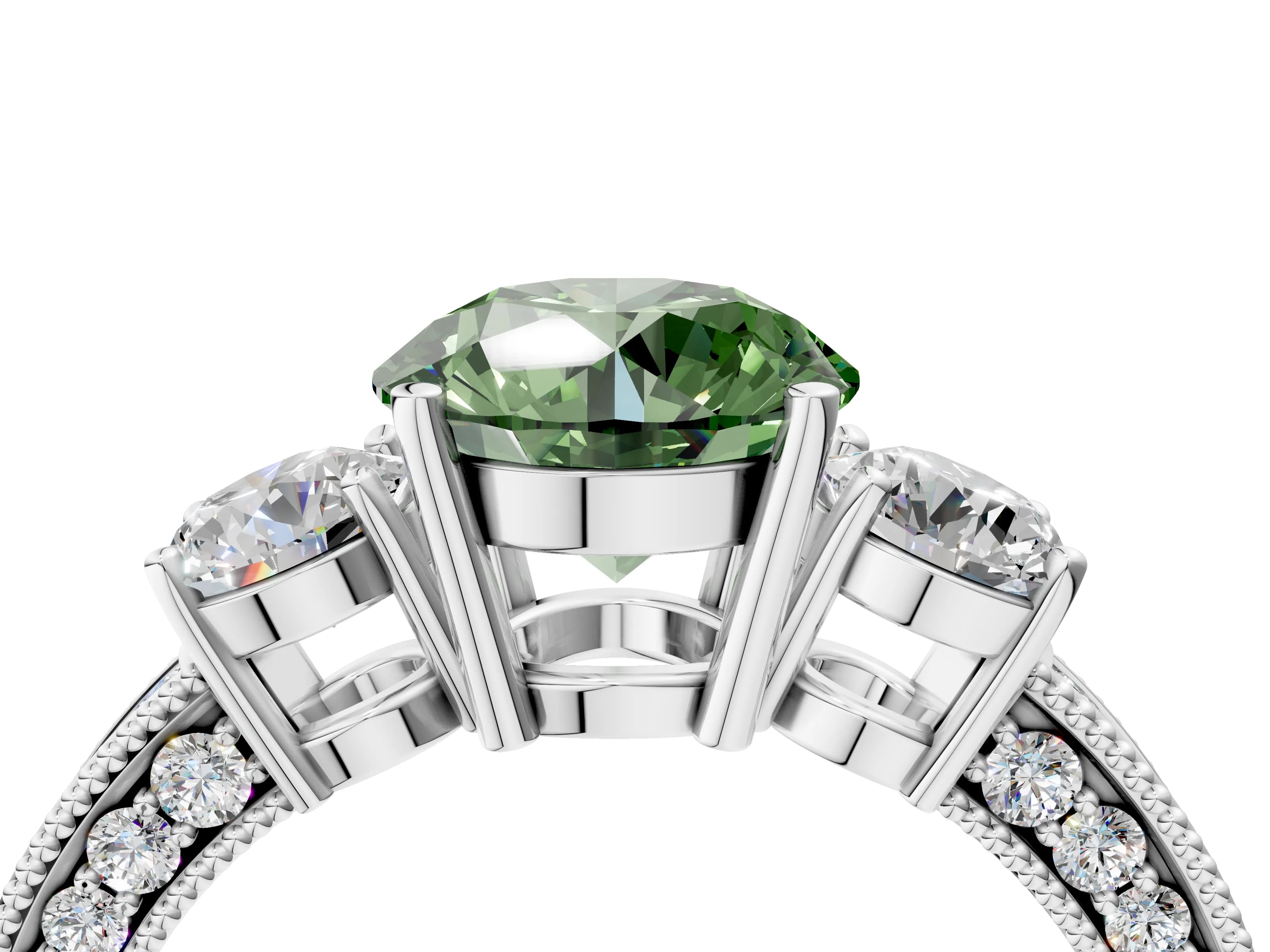 White gold Fancy Green Round Cut Three-Stone Diamond Ring with Pavé Band and Four-Prong Setting_4