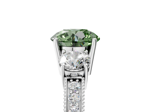 White gold Fancy Green Round Cut Three-Stone Diamond Ring with Pavé Band and Four-Prong Setting_5