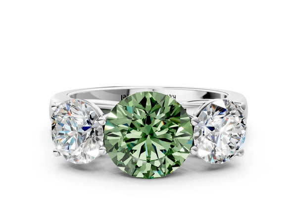 White gold Fancy Green Round Cut Three-Stone Diamond Ring with Prong Setting on a Classic Band